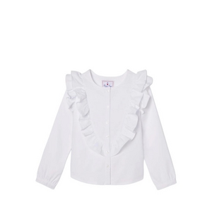 Classic Prep White Gemma Preppy Ruffle Button Down‎ Long Sleeve Shirt